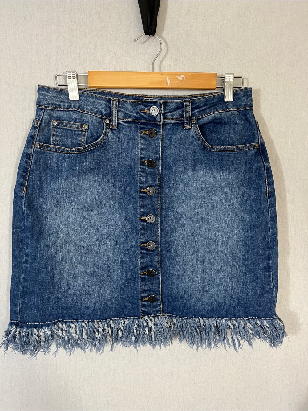 Earl Jeans Blue Button-Front Denim Mini Skirt with added upcycled Frayed Hem